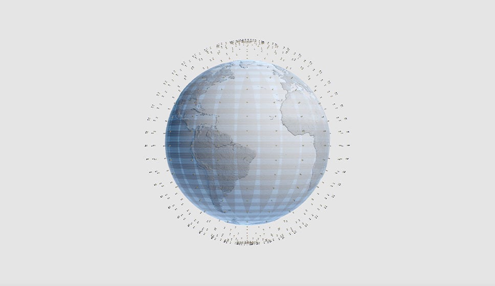 Digital rendering of Earth with satellites in a circular array around it