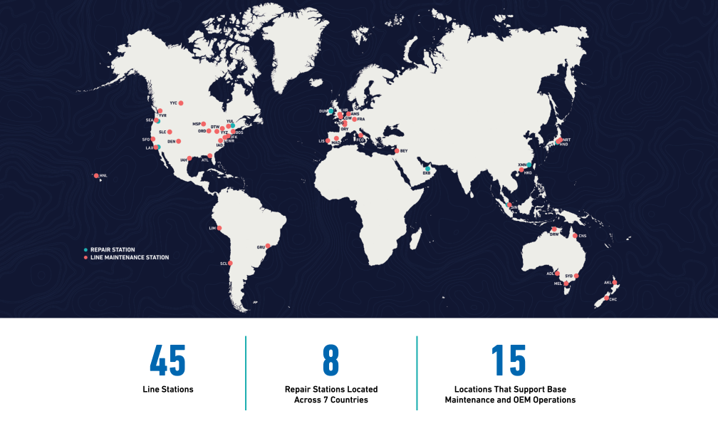 World map showing 45 line stations, 8 repair stations in 7 countries, and 15 base maintenance and OEM operations