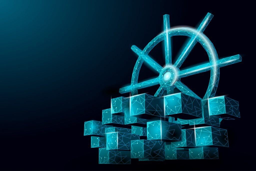 Digital illustration of a glowing ship's wheel and cubes on a dark blue background